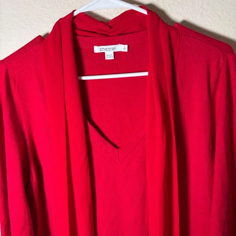 Chico's Sweater Women's Medium V-Neck 3/4 Sleeve Pullover Knit Red 1 Tie